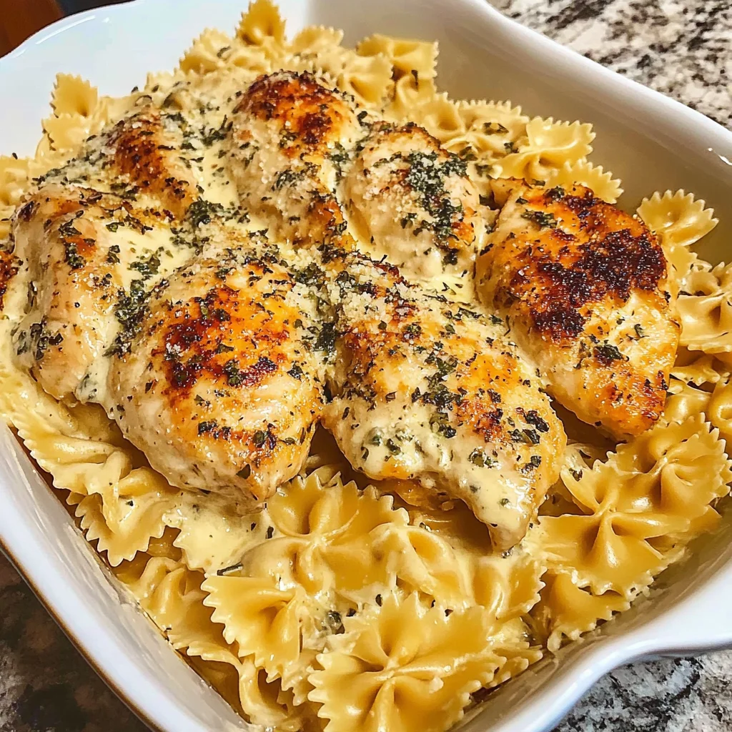 Parmesan Baked Caesar Chicken with Creamy Garlic Farfalle Recipe