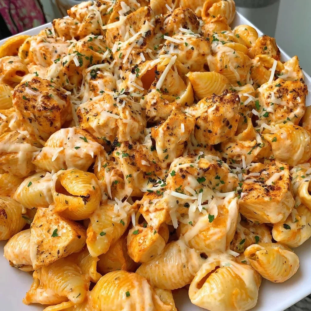 pâtes coquilles crémeuses au poulet à l'ail dans une sauce au cheddar blanc et parmesan