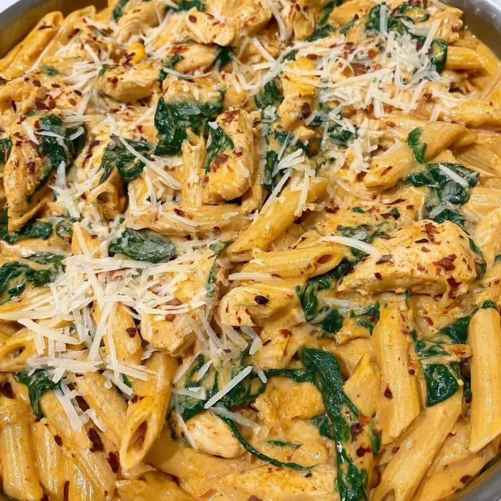 penne crémeux au poulet et épinards avec parmesan