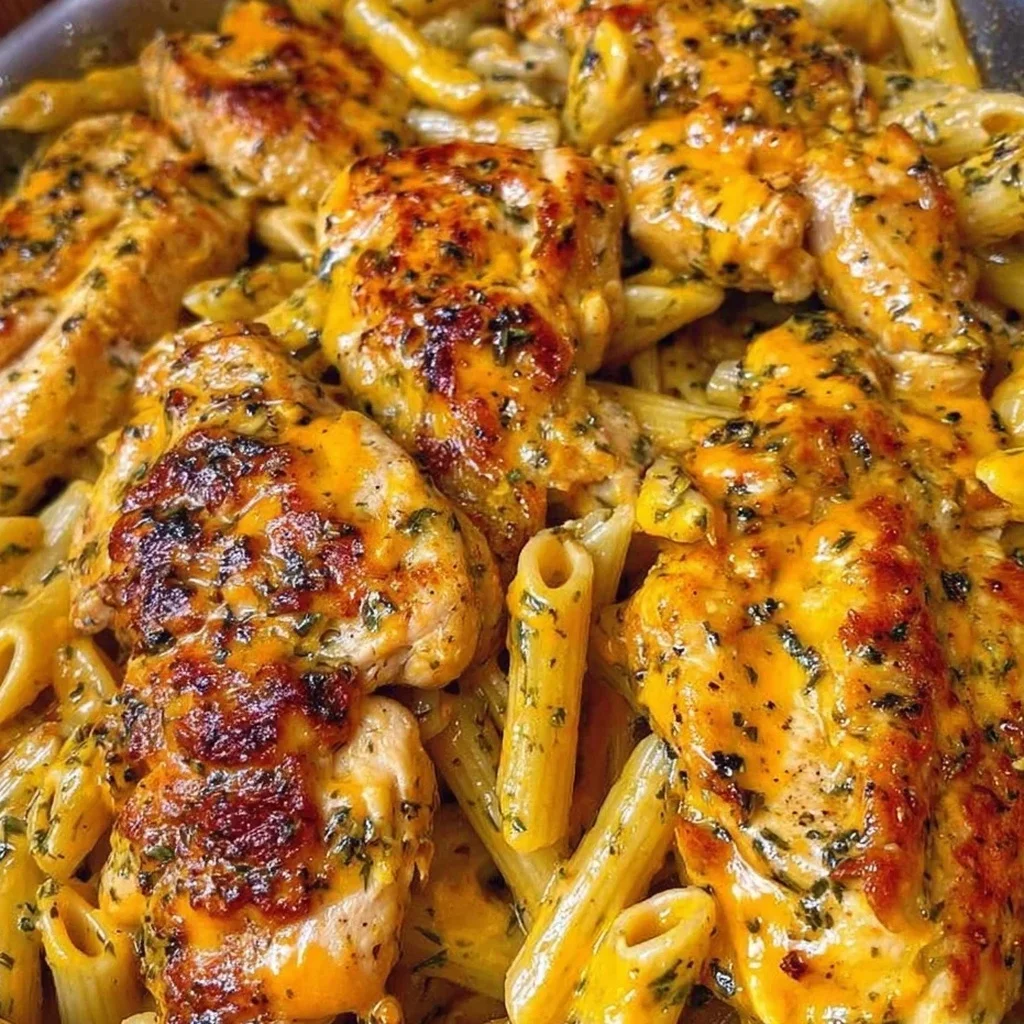 poulet au beurre à l'ail avec pâtes penne crémeuses au cheddar et parmesan