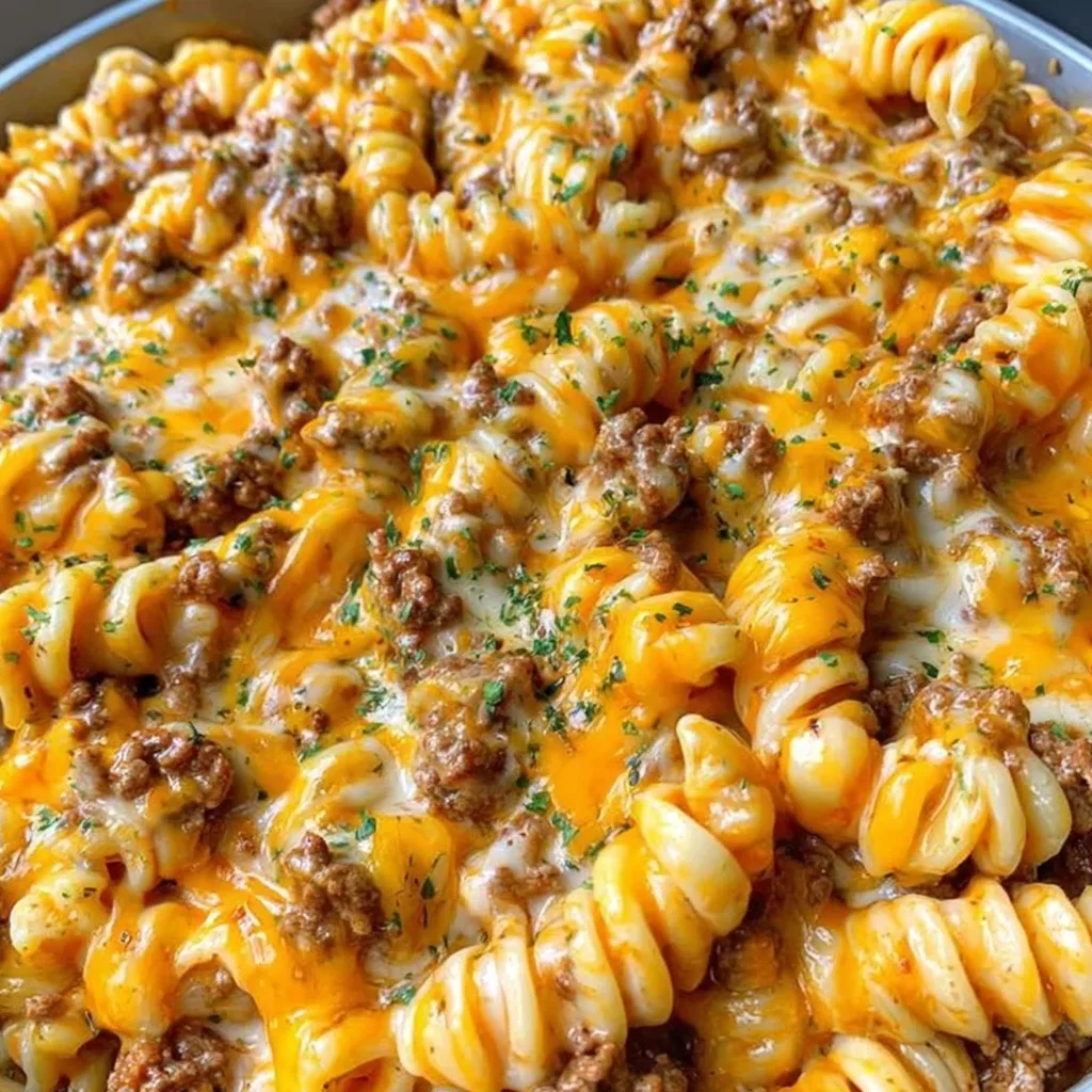 rotini à la viande hachée dans une sauce crémeuse au quatre fromages